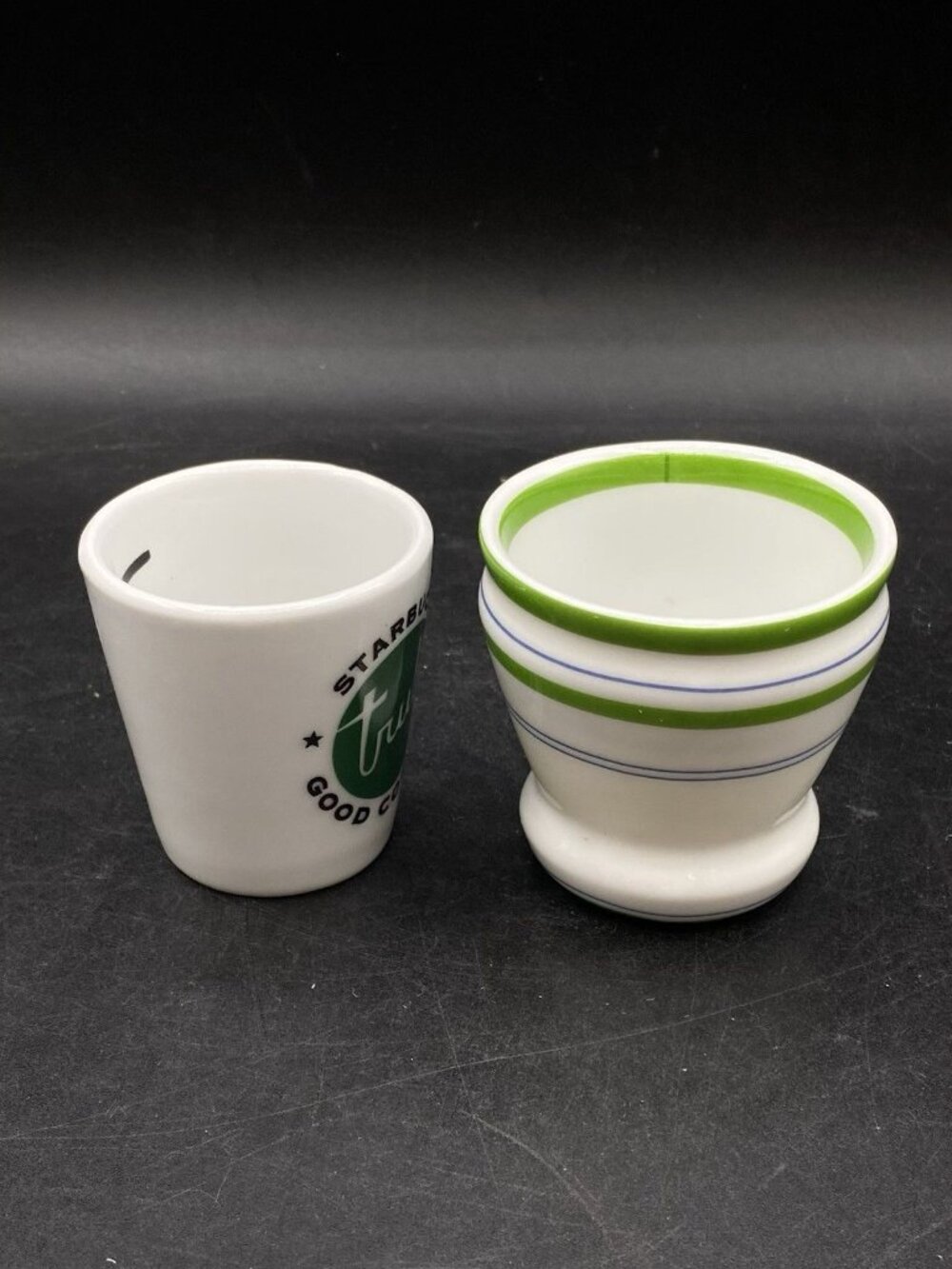 LOT 2 Starbucks Truly Good Coffee Espresso Cup Ceramic & Green Blue Stripes Cup - Picture 6 of 9